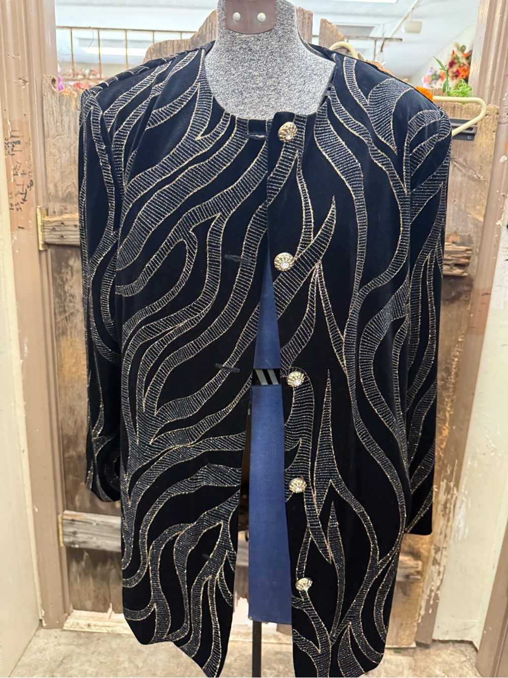 Source Unknown Black Velvet Blazer with Silver Embellished Wave Pattern